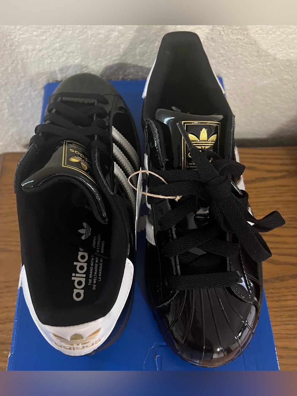 adidas Black Patent Superstar ll W with White Heel and Gold Logo